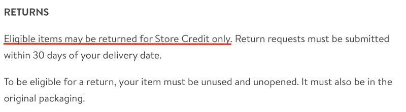 Trendy Goods Returns Policy: Store credit only section highlighted