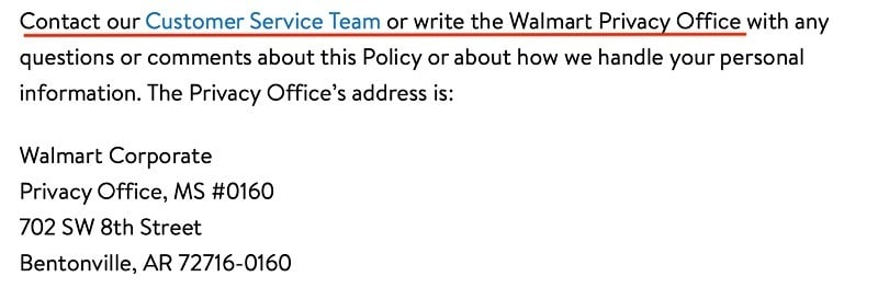 Walmart Privacy Policy: Contact clause