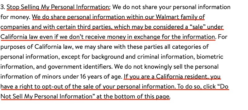 Walmart Privacy Policy: Stop Selling My Personal Information clause