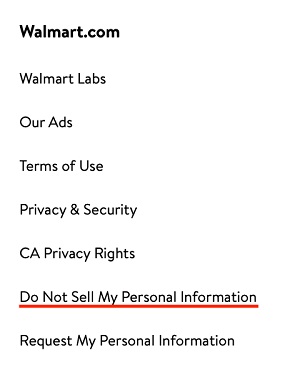 Walmart website footer with Do Not Sell My Personal Information page link highlighted