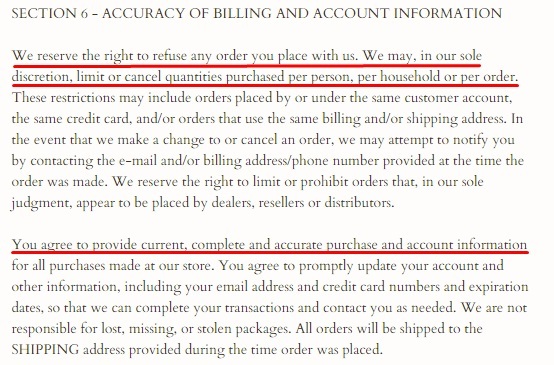 Adorned Vintage Terms of Service: Accuracy of Billing and Account Information clause