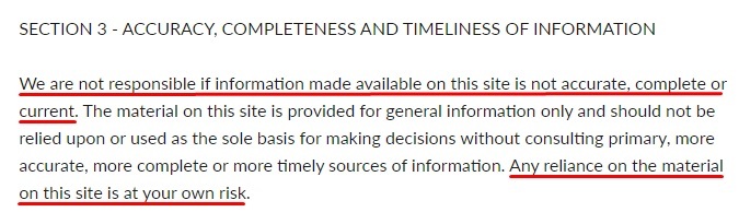 Bluecrate Terms and Conditions: Accuracy, completeness and timeliness of information clause excerpt