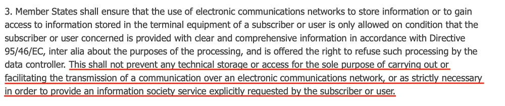 ePrivacy Directive Article 5 Section 3 with Necessary Cookies section highlighted