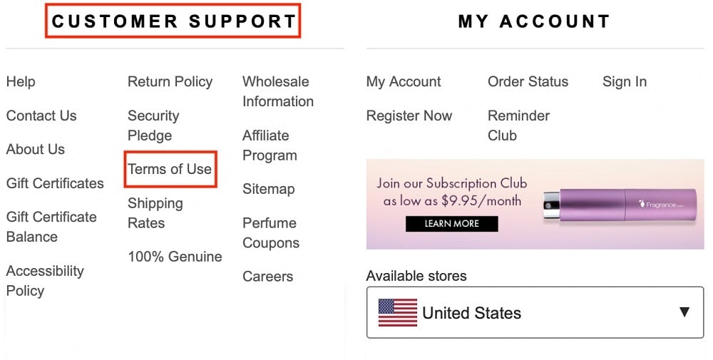 FragranceNet website footer with Terms of Use link highlighted