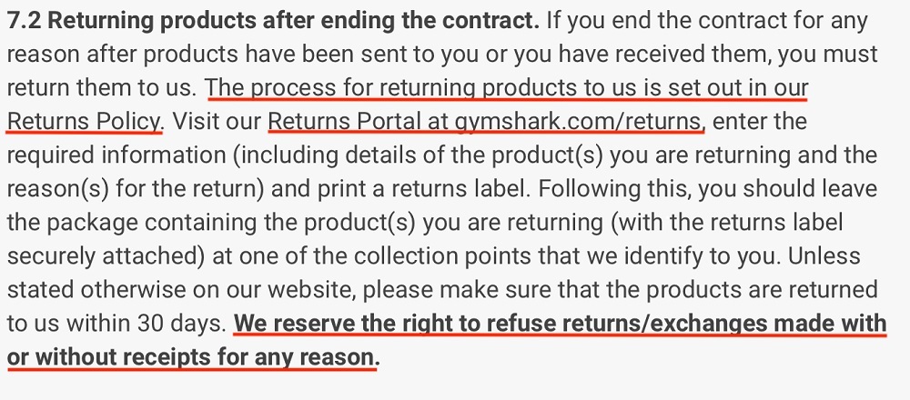 Gymshark Terms and Conditions: Returning products after ending the contract clause