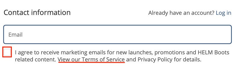 HELM Boots Create Account form with checkbox to agree to marketing emails and Terms of Service link highlighted