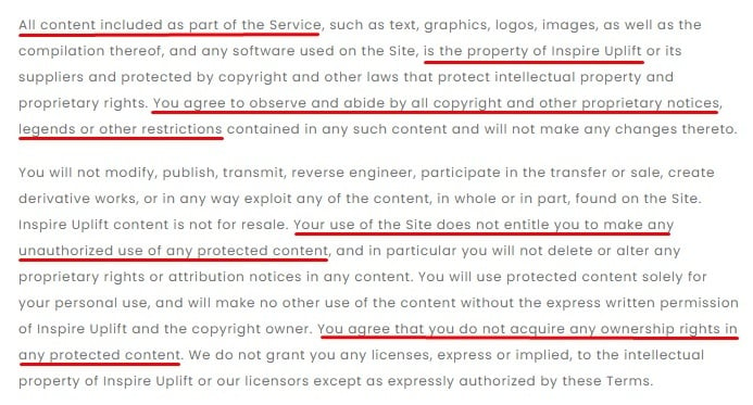 Inspire Uplift Terms and Conditions: No Unlawful or Prohibited Use Intellectual Property clause excerpt