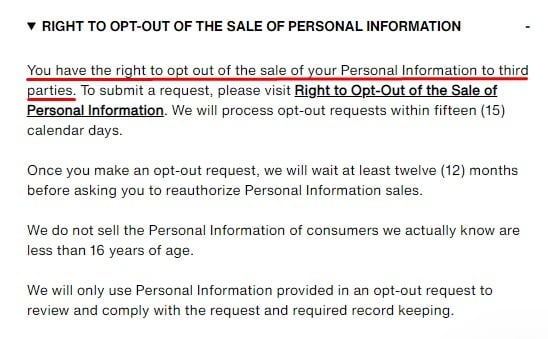 Levis Privacy Policy: CA Consumer Rights Clause - Opt out of the sale of personal information section