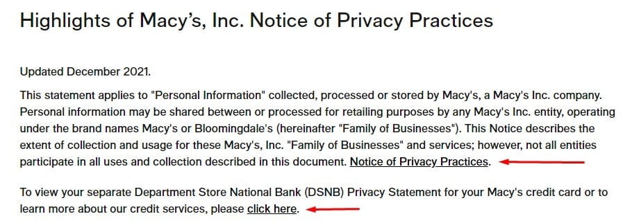 Macys Highlights of Privacy Practices with links to other agreements highlighted