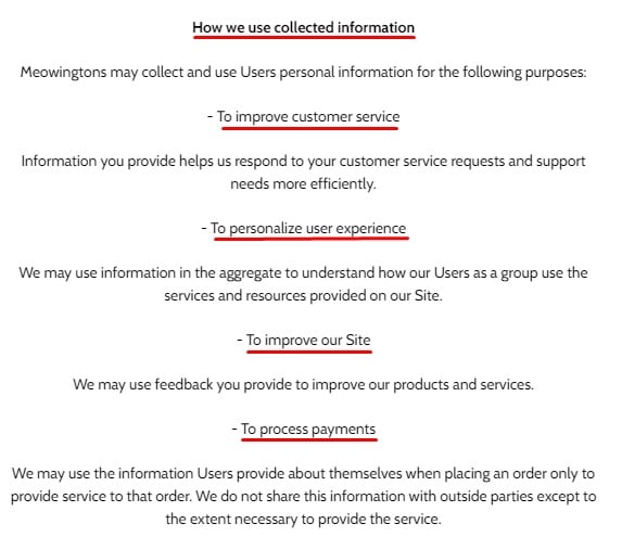 Meowingtons Privacy Policy: How we use collected Information clause excerpt