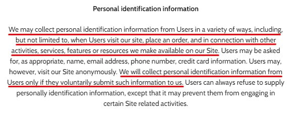 Meowingtons Privacy Policy: Personal Identification Information clause