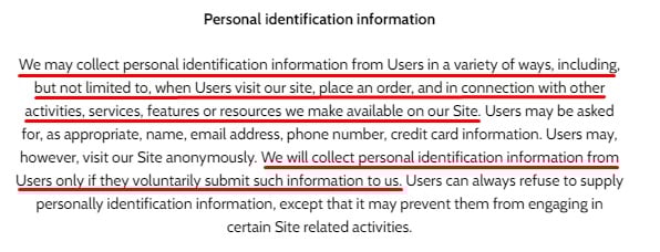 Meowingtons Privacy Policy: Personal Identification Information clause
