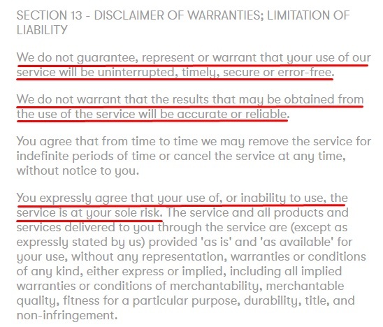 Partake Foods Terms of Service: Disclaimer of Warranties Limitation of Liability clause - Warranty Excerpt