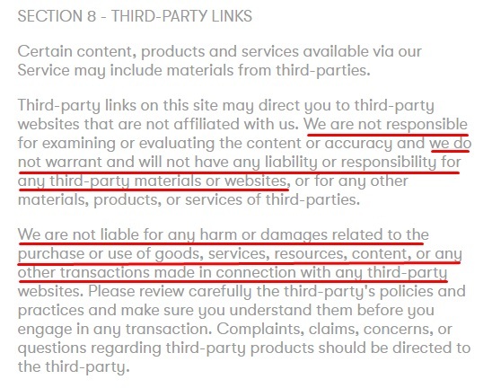 Partake Foods Terms of Service: Third-Party Links clause