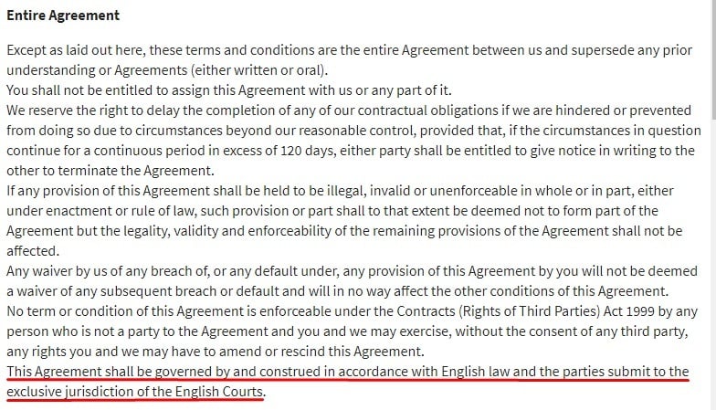 Pour Moi Terms and Conditions: Entire Agreement clause - Governing law section