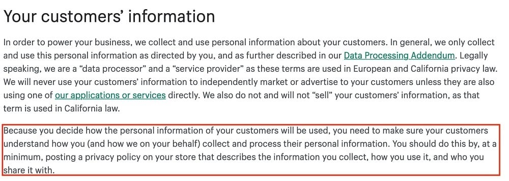 Shopify Privacy Policy: Your customers information clause