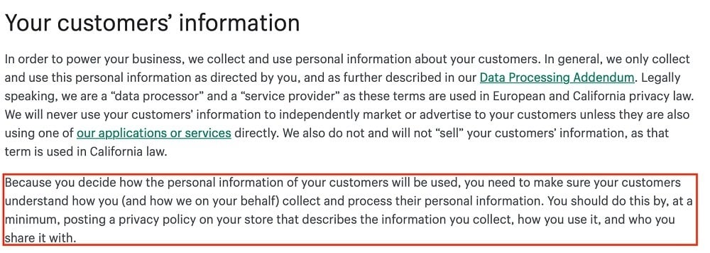 Shopify Privacy Policy: Your customers information clause