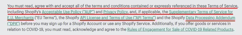 Shopify Terms of Service: You must read, agree and accept terms and agreements section with agreement links highlighted