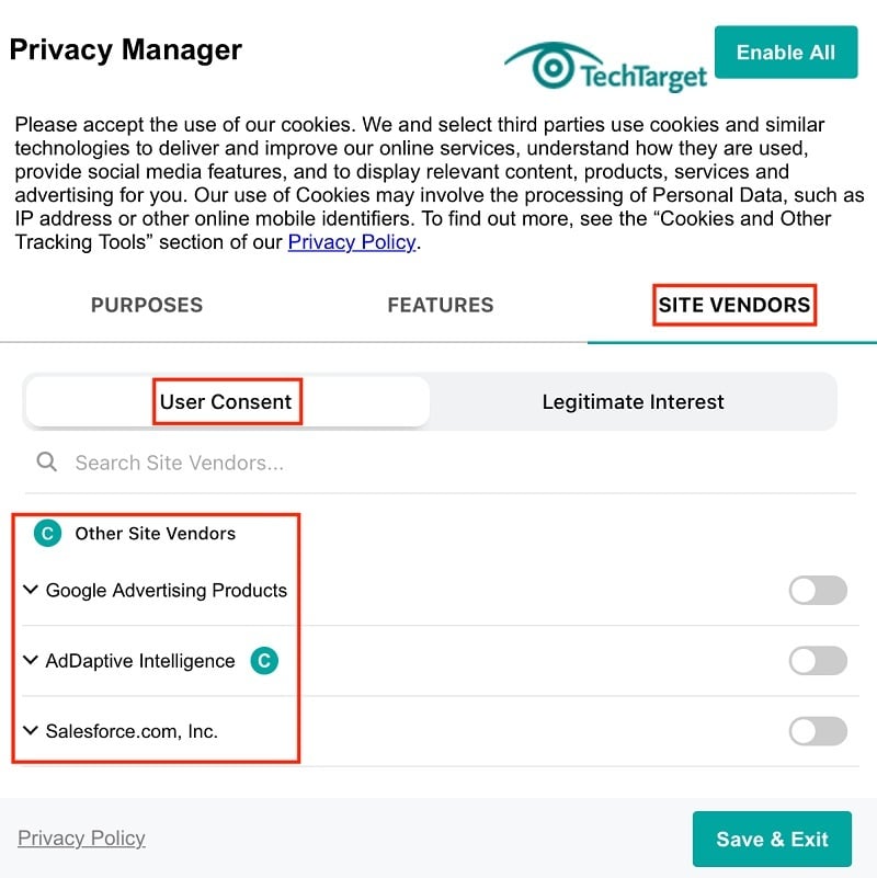 Tech Target cookie consent notice: Settings screen with third party section highlighted
