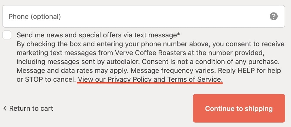 Verve Coffee checkout form with checkbox for marketing communications and Privacy Policy and Terms and Service links highlighted