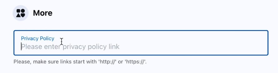 Facebook Business Page - Privacy Policy field active under About - More section highlighted