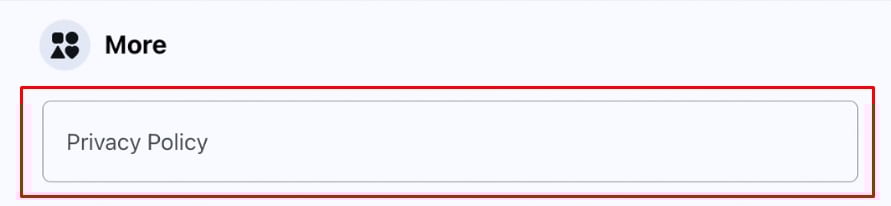 Facebook Business Page - Privacy Policy field highlighted under About - More section