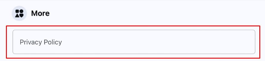 Facebook Business Page - Privacy Policy field highlighted under About - More section