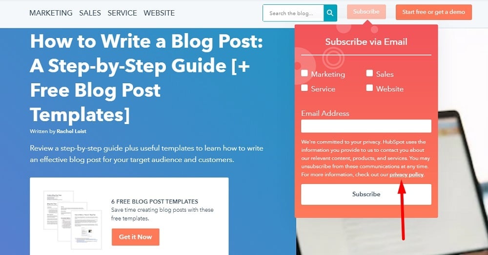 Hubspot Blog - Highlighted Privacy Policy on Subscribe form
