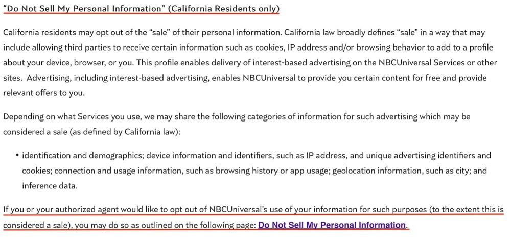 NBC Universal Privacy Policy: Do Not Sell My Personal Information page clause