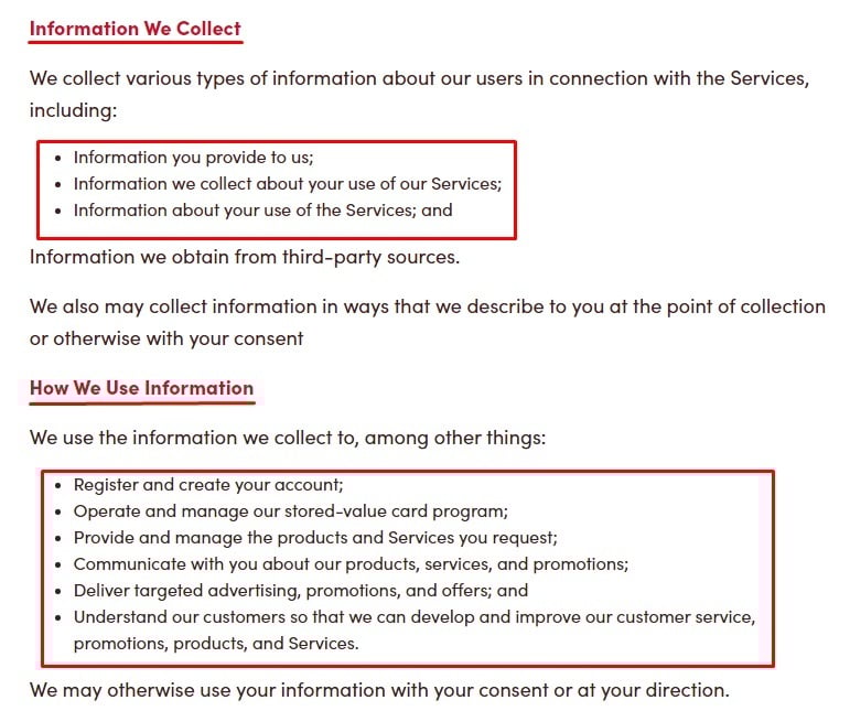 Tim Hortons Privacy Policy: Information We Collect and How We Use Information clauses
