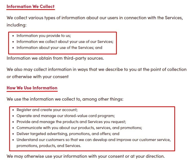 Tim Hortons Privacy Policy: Information We Collect and How We Use Information clauses