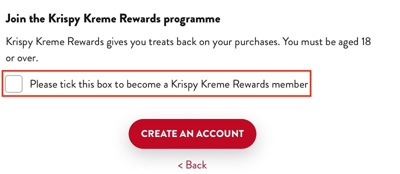 Krispy Kreme UK Create Account form with join rewards program consent checkbox highlighted