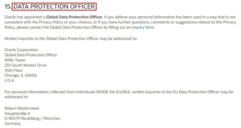 Oracle Privacy Policy: Data Protection Officer clause