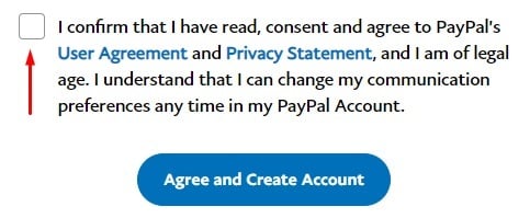PayPal Create Account form with checkbox to agree section