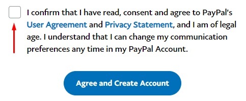 PayPal Create Account form with checkbox to agree section