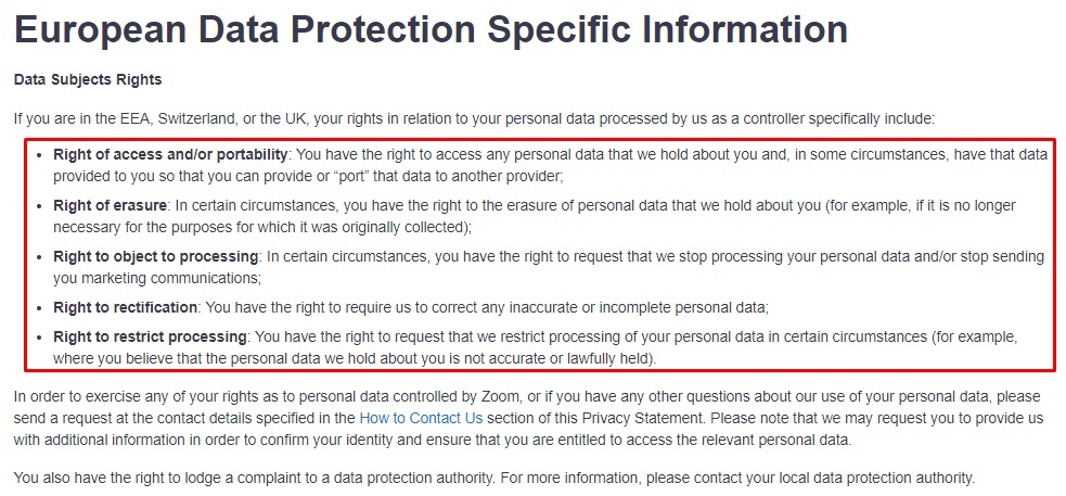 Zoom Privacy Statement: Data Subjects Rights clause