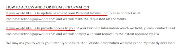 Aje Privacy Policy: How to access or update information clause