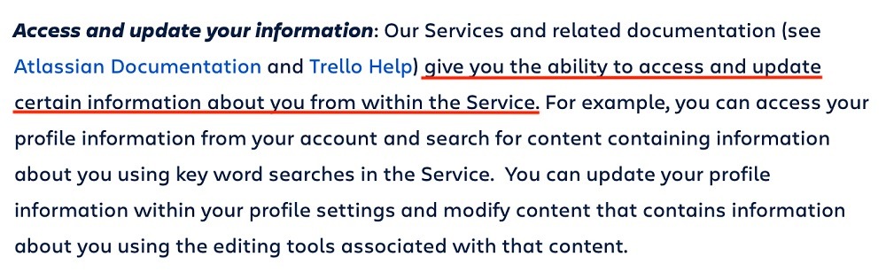 Atlassian Privacy Policy: Access and update your information clause