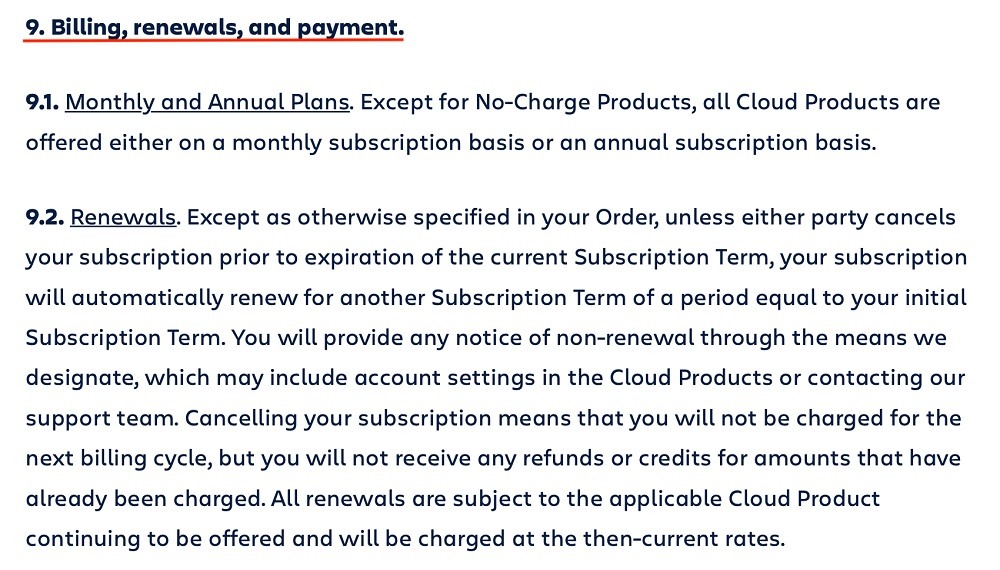 Atlassian Terms of Service: Billing Renewals and payment clause