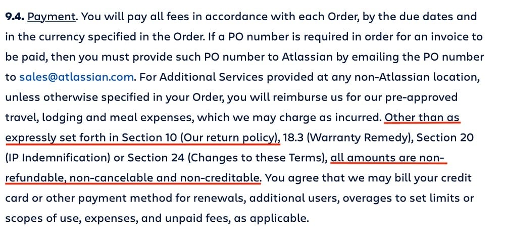 Atlassian Terms of Service: Payment clause