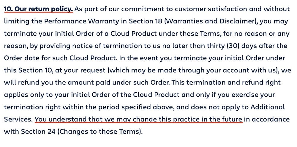 Atlassian Terms of Service: Return policy clause