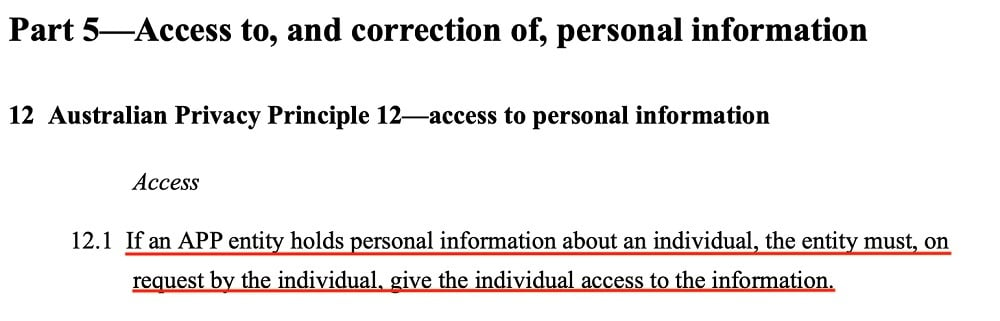 Australian Government Federal Register of Legislation: Privacy Act 1988 - Principle 12 - Access to personal information section