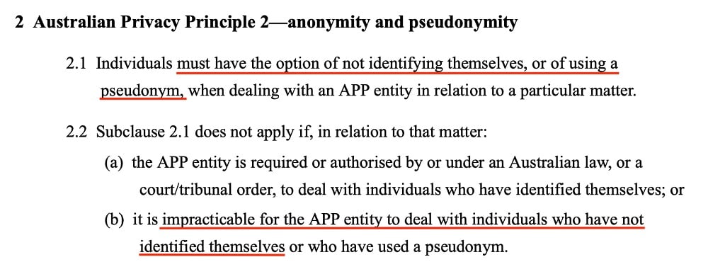 Australian Government Federal Register of Legislation: Privacy Act 1988 - Principle 2 - Anonymity and Pseudonymity section