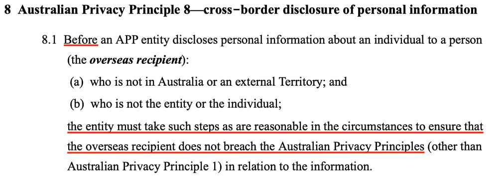 Australian Government Federal Register of Legislation: Privacy Act 1988 - Principle 8 - Cross-border disclosure of personal information section