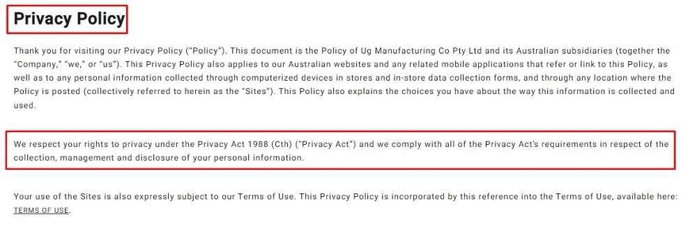 Billabong AU Privacy Policy with Privacy Act 1988 section highlighted