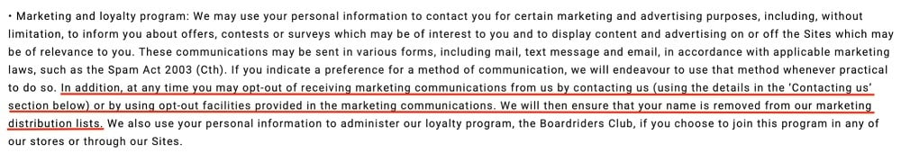 Billabong AU Privacy Policy: Marketing and loyalty program clause
