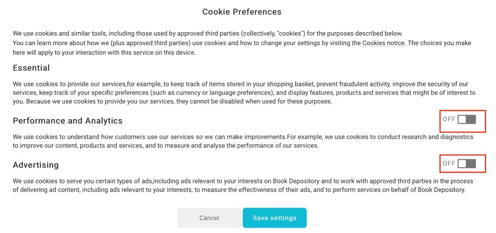 Book Depository cookie preferences screen