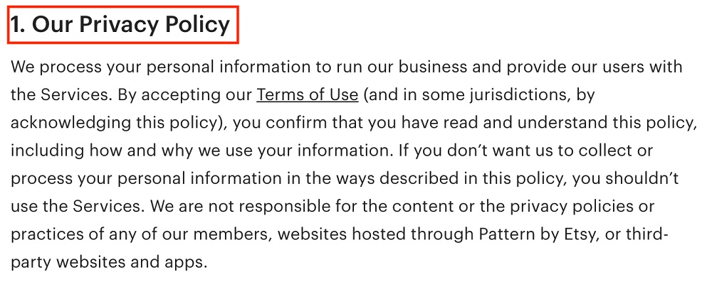 Etsy Privacy Policy: Introduction clause excerpt