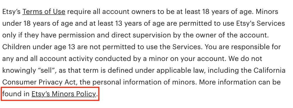 Etsy Privacy Policy: Introduction clause - Minors Policy link highlighted