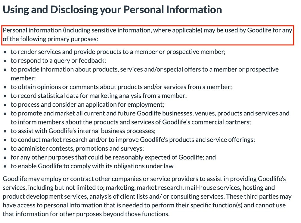 Good Life Health Clubs Privacy Policy: Using and Disclosing Your Personal Information clause